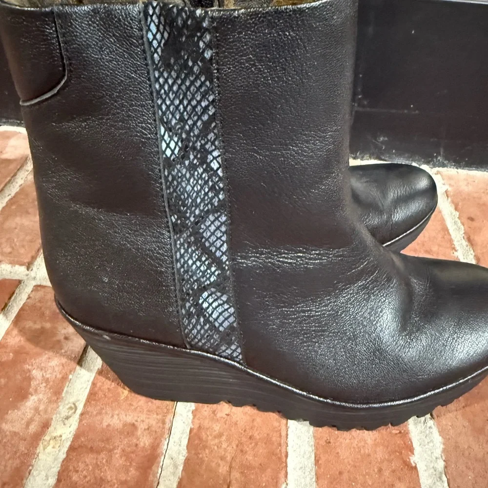 Fly London Black Wedge Boots with Snakeskin Detail - Picture 3 of 6